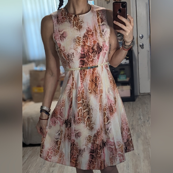 Calvin Klein Y2K 2000s fit & flare A-line pink snakeskin print dress + belt sz 4 - Picture 2 of 11